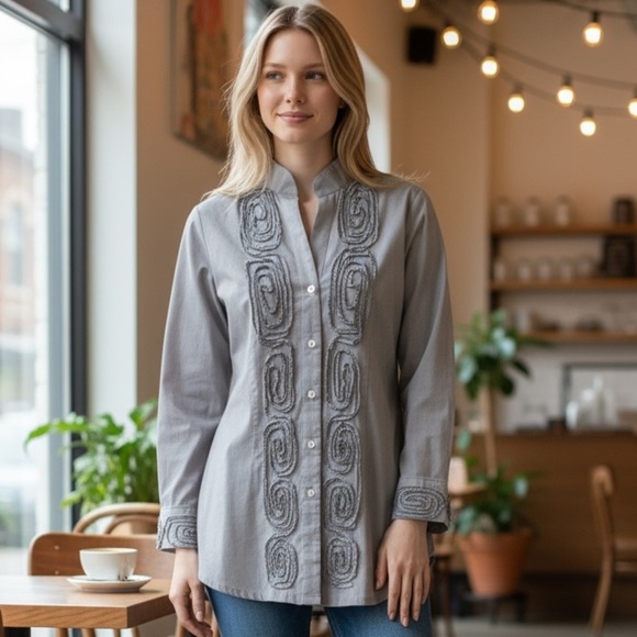 PAPERWHITE by HINSON WU LUXURY DESIGNER TAILORED EMBROIDERED GRAY SHIRT SIZE 8 - Picture 1 of 11